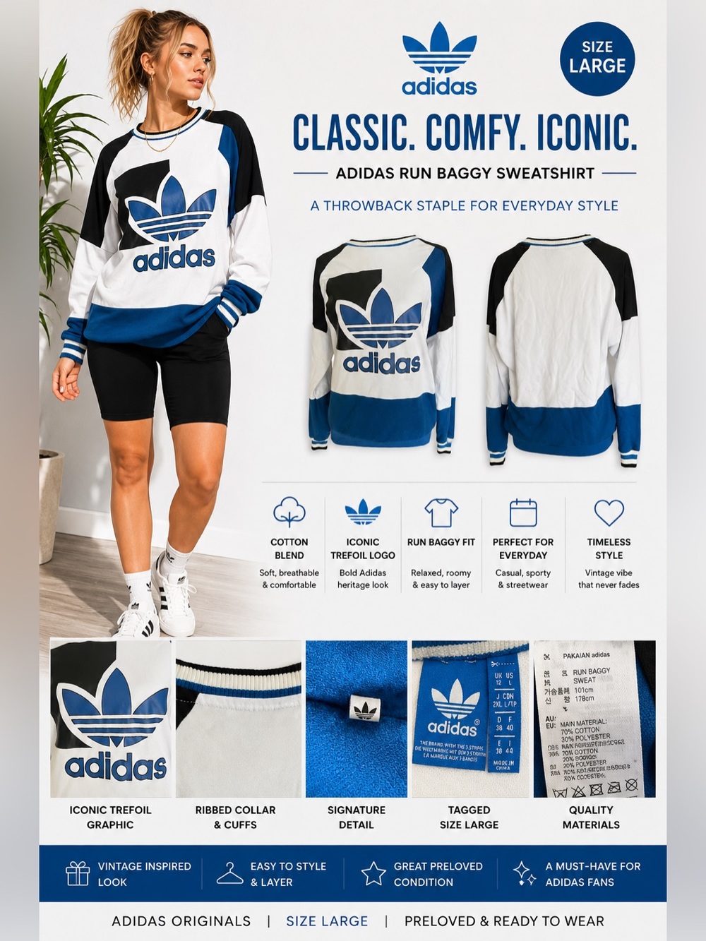 Adidas Originals Run Baggy Sweatshirt Blue White Black Trefoil logo Colorblock L